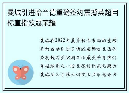 曼城引进哈兰德重磅签约震撼英超目标直指欧冠荣耀